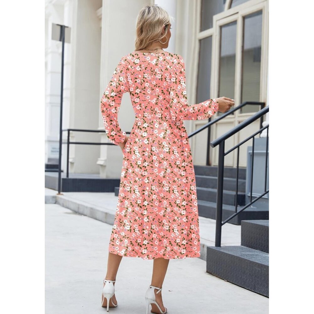 Zeagoo Women Pink Floral Long Sleeve Flowy A-Line Boho Long Dress with Pockets - Picture 5 of 6